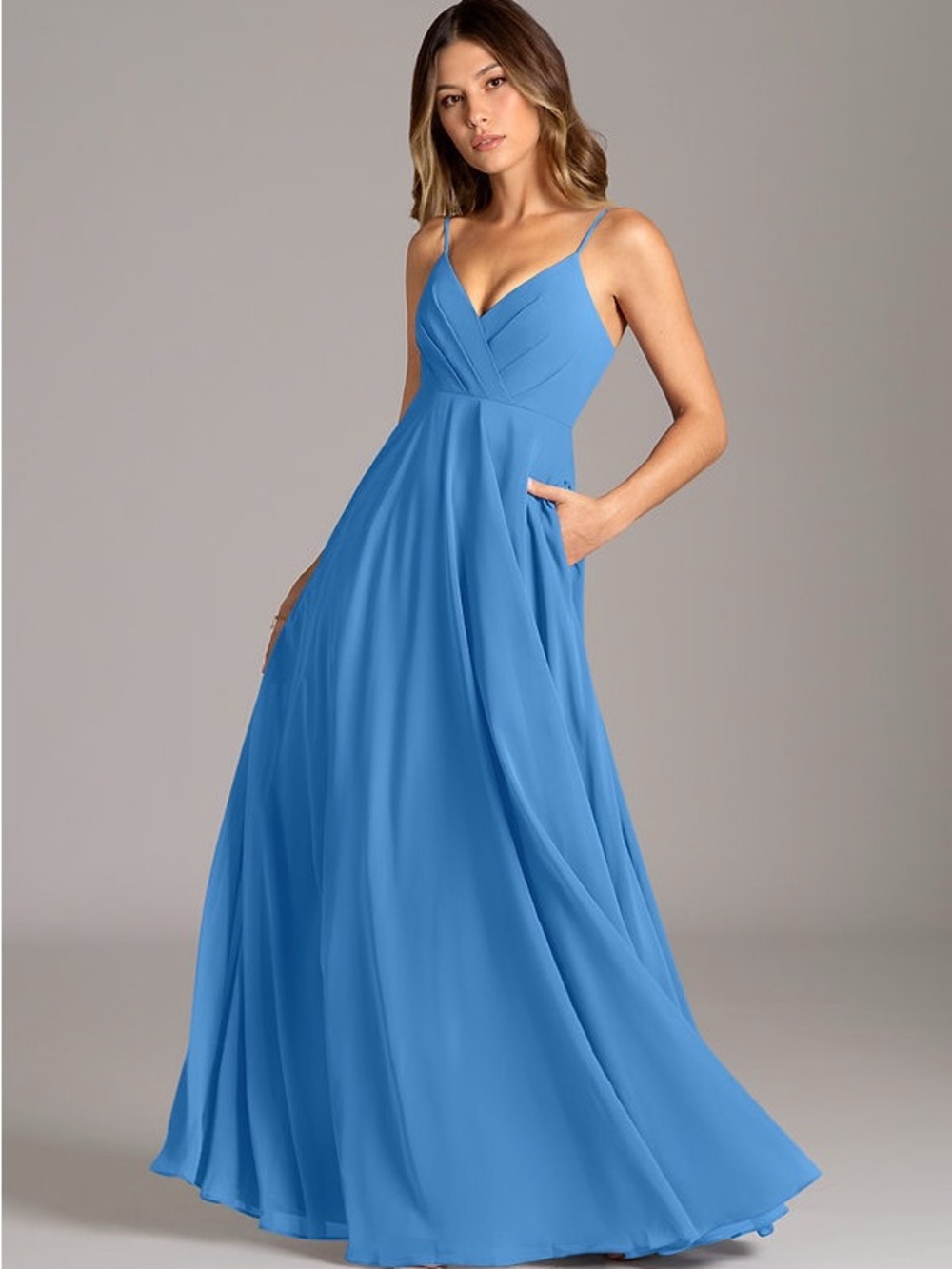 Azazie Amani Bridesmaid Gown Blue Jay Spaghetti Strap V-Neck Blue Evening Gown